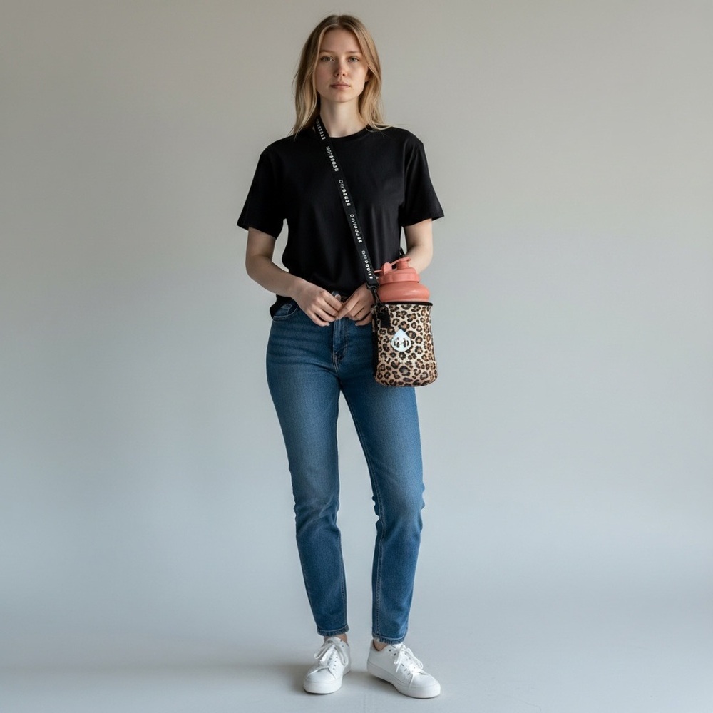 Hydrojug Coral Jug with Straw and Strapped Leopard Cheetah Caddy Sleeve